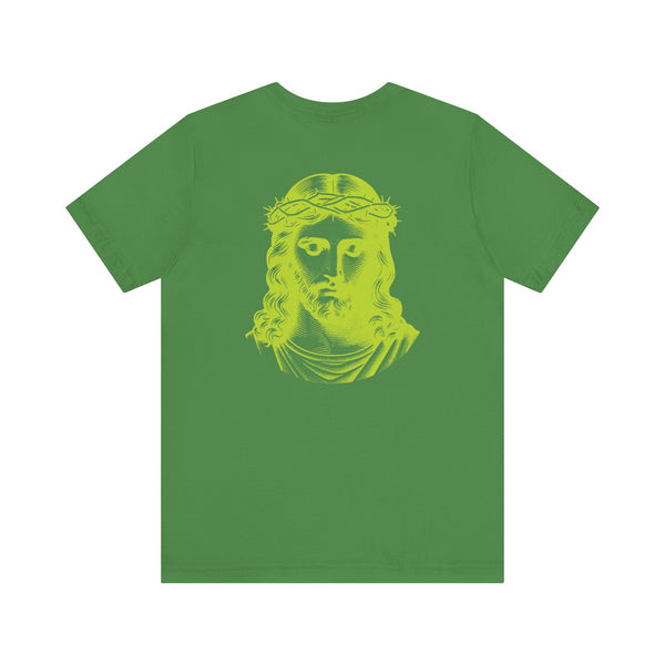 Lime green unisex tee with jumbo Jesus portrait back print and mini front graphic, soft cotton faith streetwear shirt by Sandra Oles
