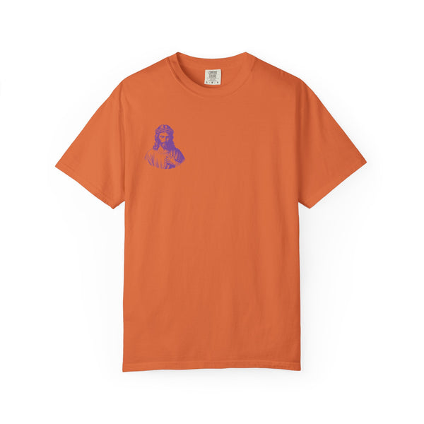 Orange tee with small purple Jesus graphic on front left chest