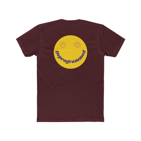 1990's rave style maroon t-shirt with large yellow smiley face and "Deprogrammed" text backprint