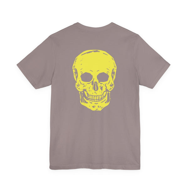 Taupe unisex t-shirt with a large yellow skull graphic on the back and a small front skull print, made from 100% Airlume combed cotton