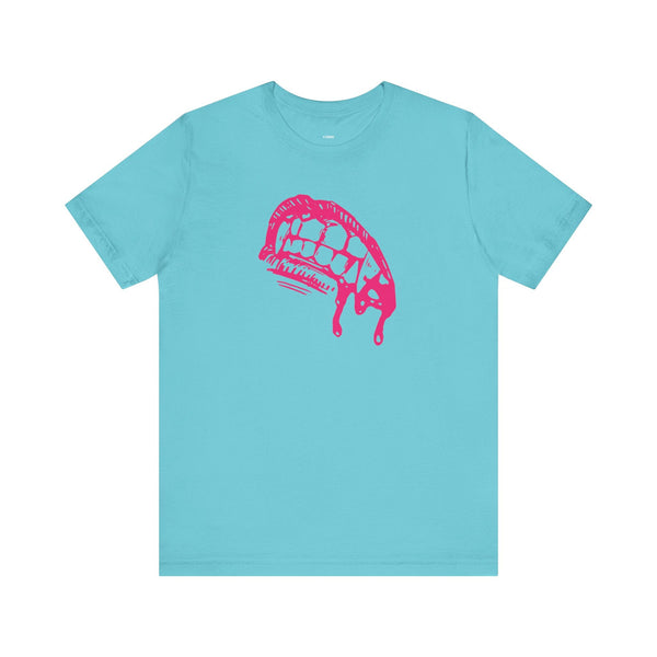 Lightweight cotton vampire t-shirt with pink fang graphic and classic crew neck