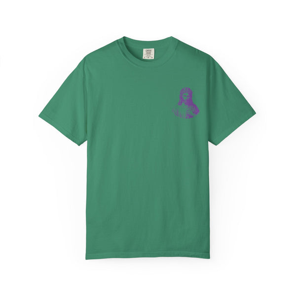 Green unisex Christian streetwear tee with small purple Jesus graphic on left chest