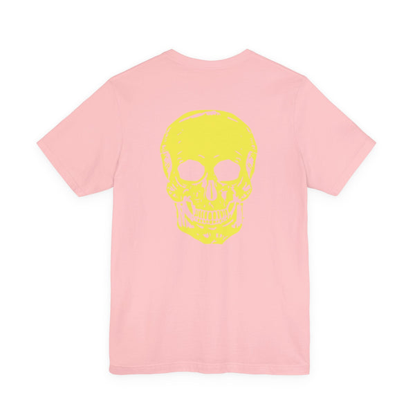 Pink tee with large yellow skull graphic on back, underground style streetwear design