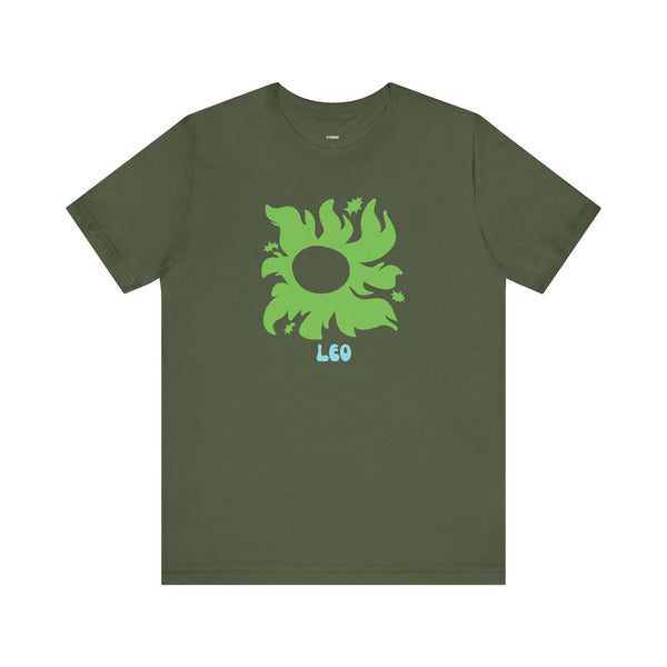 Olive green Leo t shirt with vibrant green sunburst graphic and "Leo" text, soft cotton fabric, unisex fit.