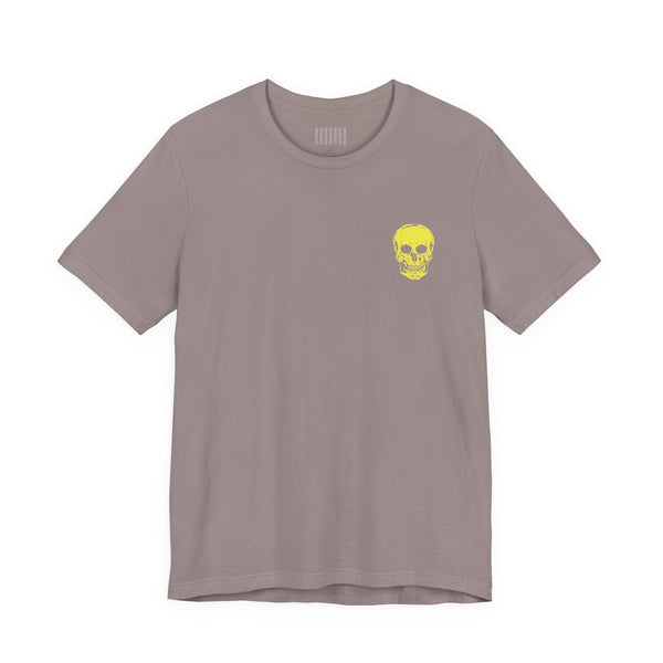 underground style t-shirt with mini yellow skull chest print and relaxed fit