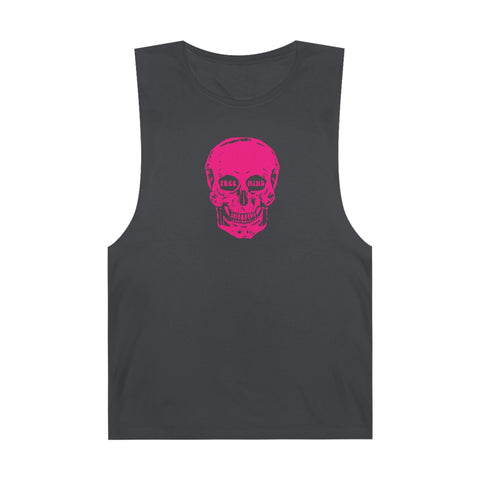 Black tank top with neon pink skull graphic and "free mind" text from Fugitive Tees collection