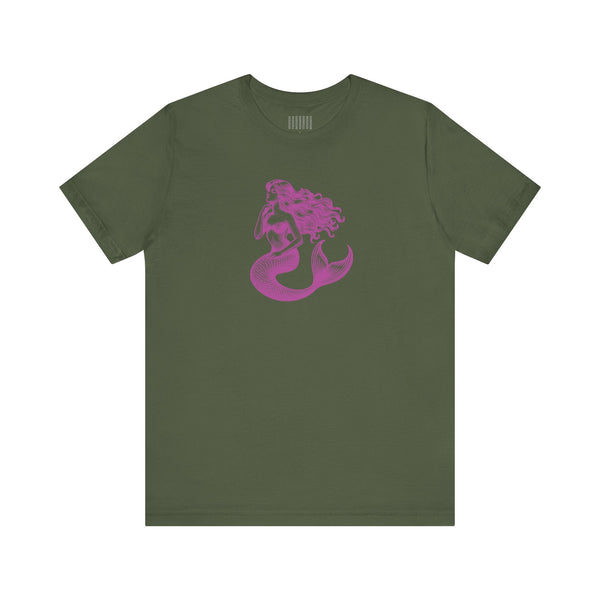 Olive green mermaid t shirt with magenta siren graphic from Mythical collection