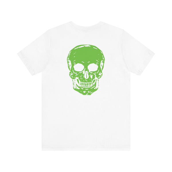 White tee with large neon green skull graphic on back, edgy music festival fashion design