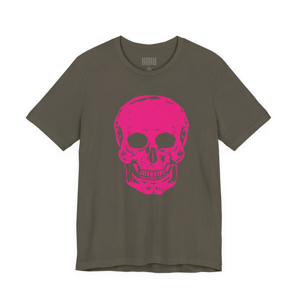 olive edgy t shirt with large neon pink skull graphic front print
