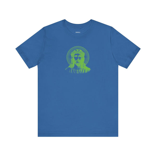 Green Mid-Scale Jesus with Halo Front Print Graphic Tee - Iconic by Sandra Oles