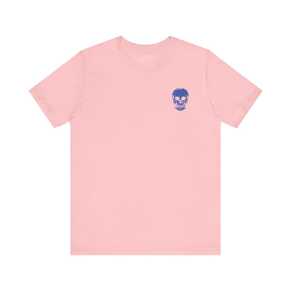 Pink unisex rocker tee with small blue skull graphic on front left chest