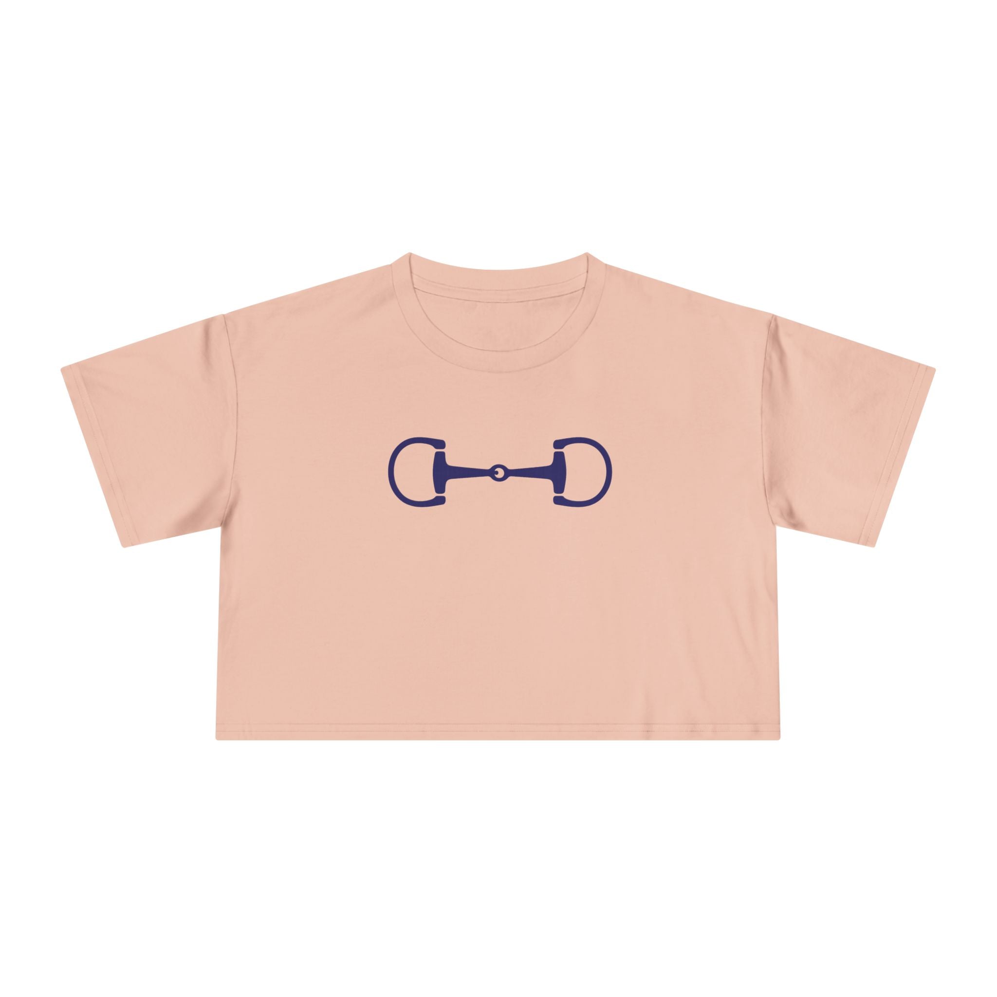 Navy horsebit graphic cropped tee in soft breathable fabric, Ivy League equestrian style
