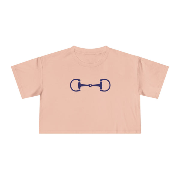 Navy horsebit graphic cropped tee in soft breathable fabric, Ivy League equestrian style