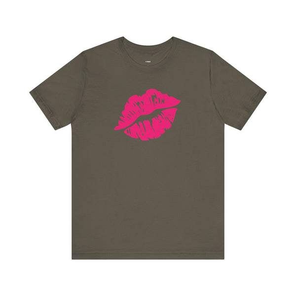 Unisex dark gray tee with bright pink lip print graphic on front, short sleeve cotton shirt, lip print design