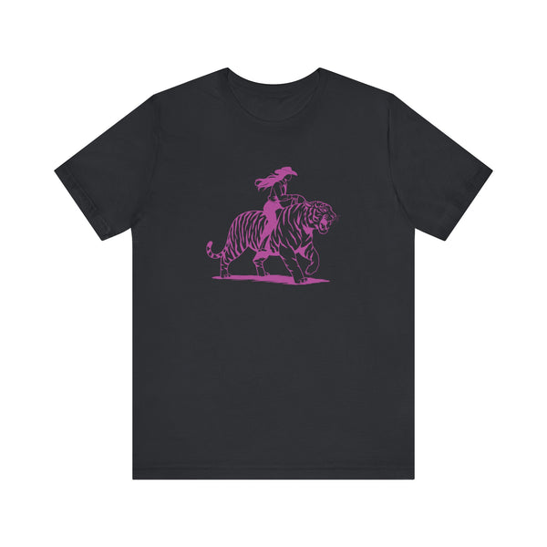 Cowgirl Riding Tiger Front Print Graphic Tee - Retro Style with Humor
