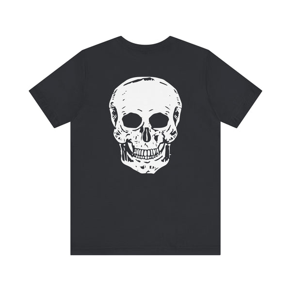 Black skull graphic t-shirt with jumbo white skull design on the back