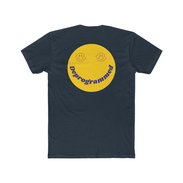 Black graphic tee with yellow retro smiley face and "Deprogrammed" text on back, 1990's rave style