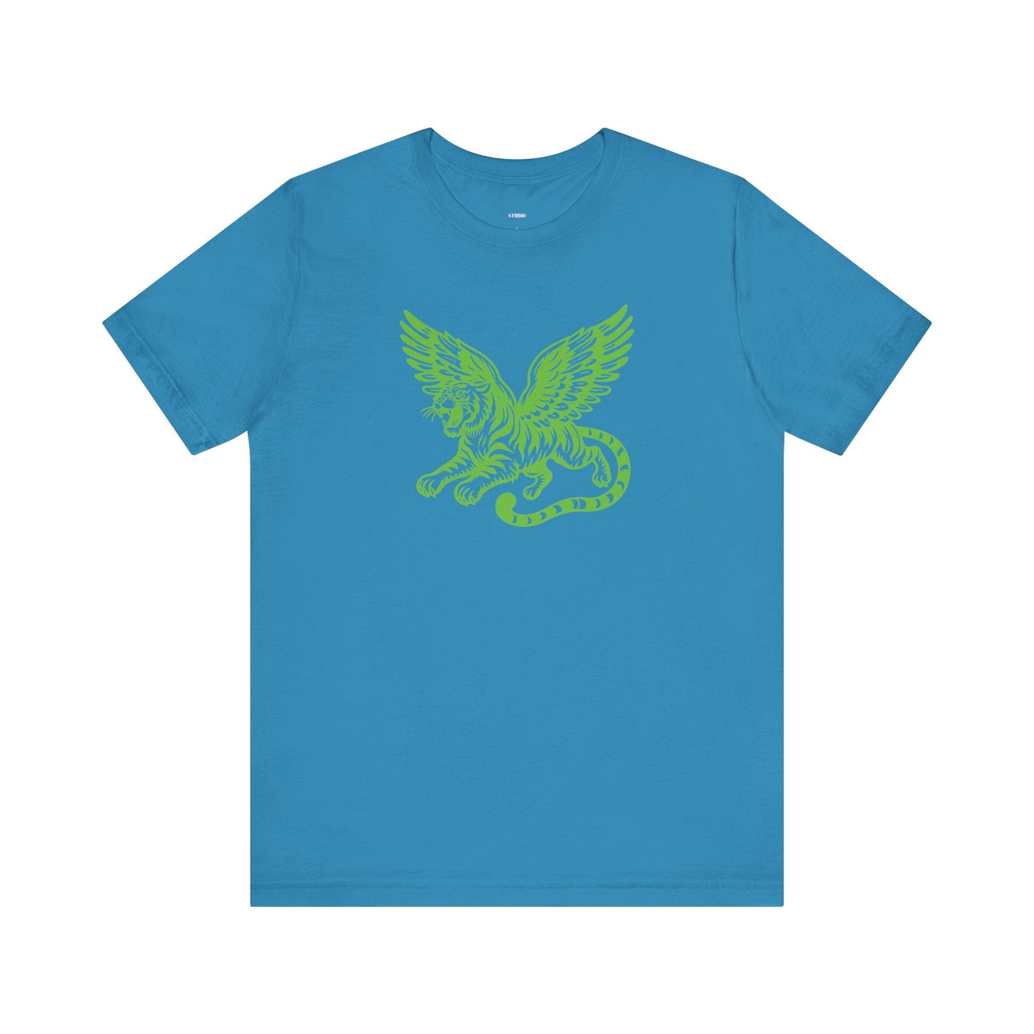 Blue t-shirt with neon-green winged tiger graphic print on chest