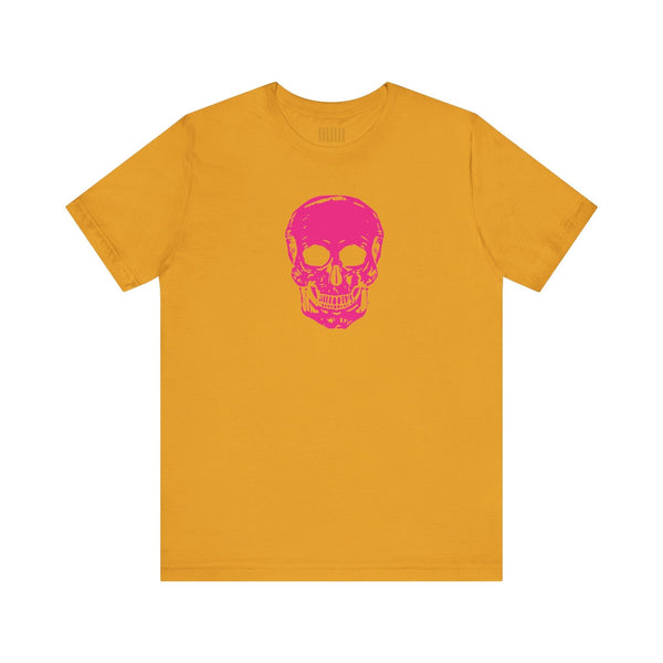 Unisex mustard yellow jersey tee with vibrant pink skull graphic on front