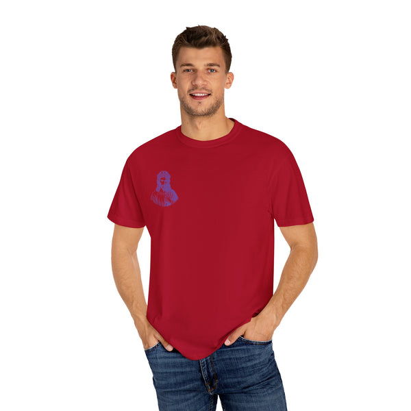 Purple Jumbo Jesus Back Print Tee with Purple Mini Jesus Front Left Graphic Tee - Iconic by Sandra Oles