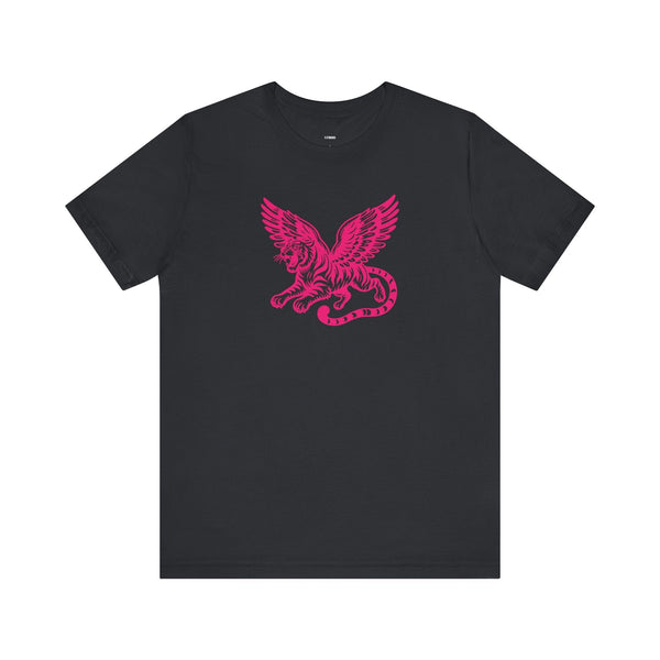 Black T-shirt featuring a vibrant pink winged lion graphic for streetwear and casual style