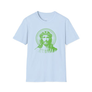 Light blue spiritual shirt with green jumbo halo Jesus front print graphic tee