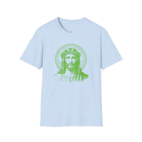 Light blue spiritual shirt with green jumbo halo Jesus front print graphic tee