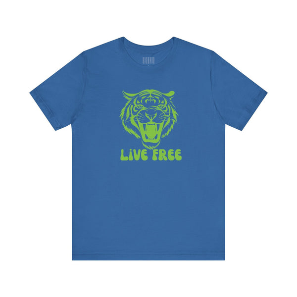 Blue t-shirt with green tiger graphic and "LIVE FREE" text in bold streetwear style