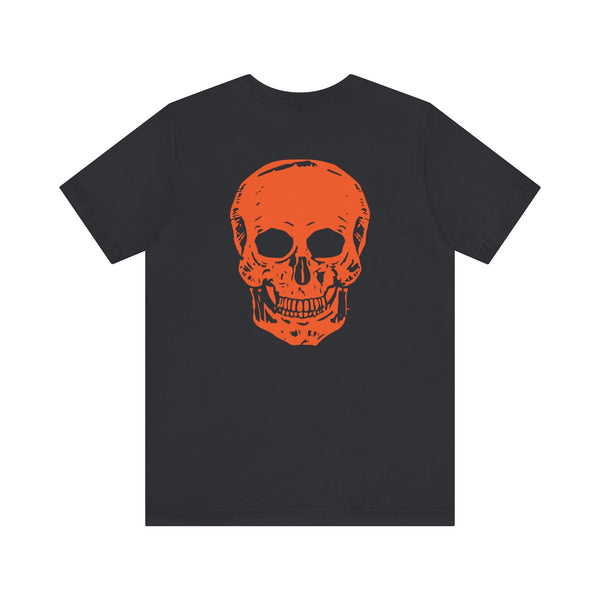 Orange Jumbo Skull Back Print featuring a Mini Orange Skull left Front Graphic Tee