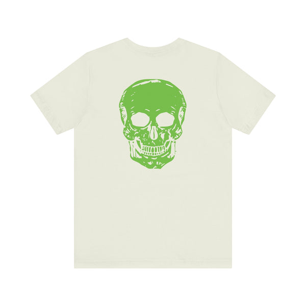 White tee with large neon green skull graphic on back for music festival fashion