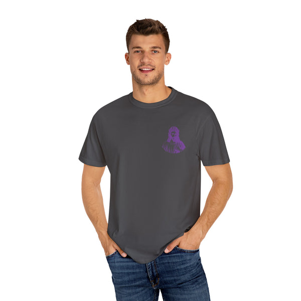 Purple Jumbo Jesus Back Print Tee with Purple Mini Jesus Front Left Graphic Tee - Iconic by Sandra Oles
