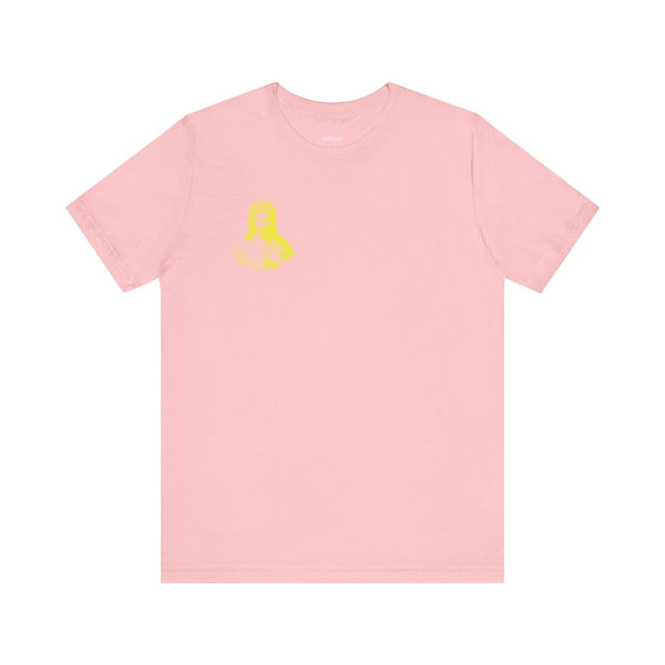 Pink Christian streetwear t-shirt with small yellow Jesus print on front left chest and large yellow Jesus graphic on back.