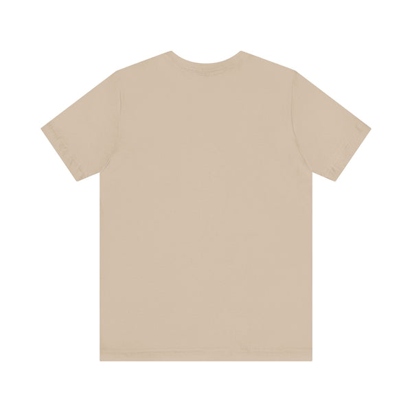 Blank beige aesthetic t shirt back view with crew neck and short sleeves