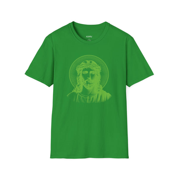 Green spiritual shirt with jumbo halo Jesus front print graphic design.