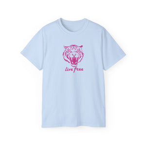 Light blue statement tee with bold pink roaring tiger graphic and "Live Free" slogan
