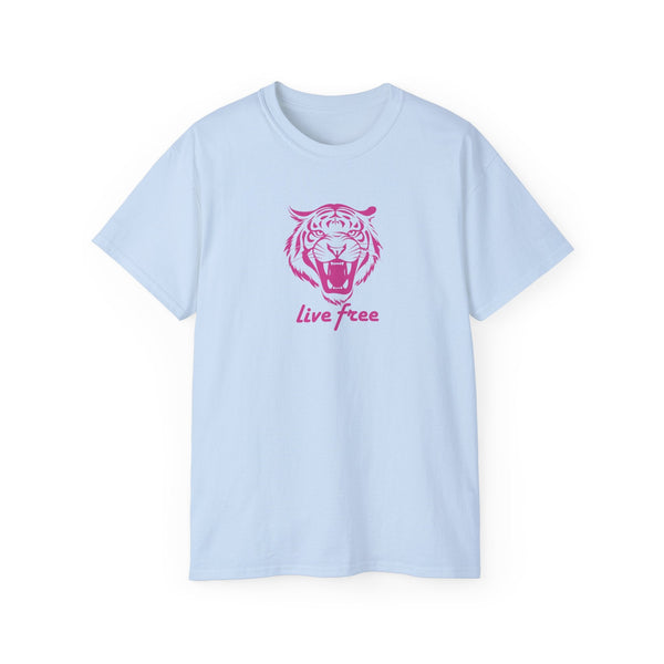 Light blue statement tee with bold pink roaring tiger graphic and "Live Free" slogan