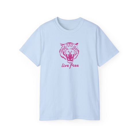 Light blue statement tee with bold pink roaring tiger graphic and "Live Free" slogan