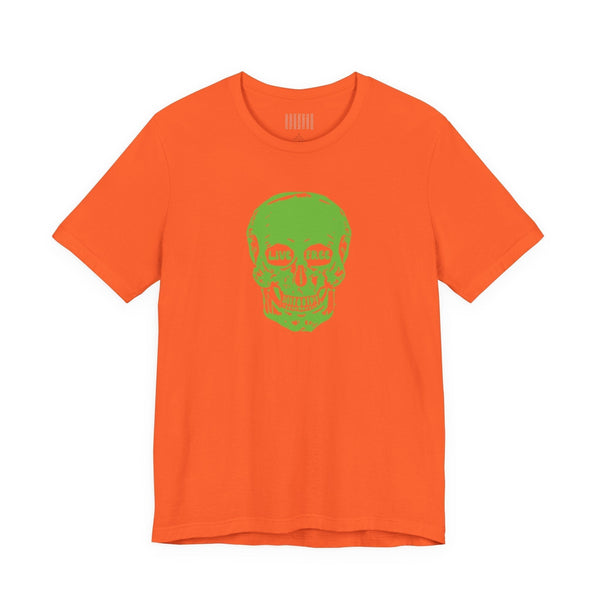 Orange graphic t-shirt with bright green skull and "Live Free" text design, made from soft cotton, casual style for everyday wear