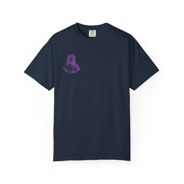Navy blue tee with small purple Jesus graphic on front left chest.