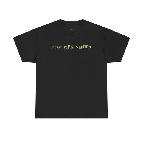 Black NY Tee Studio by Sandra Oles with green stylized New York text and durable seamless design