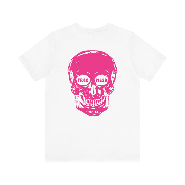 White graphic tee with large pink skull and "Free Mind" text on back, statement streetwear design