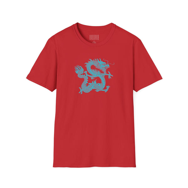 red t-shirt with turquoise dragon graphic design mythical dragon t shirt