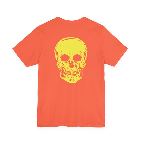Orange underground style t-shirt with large yellow skull graphic on the back