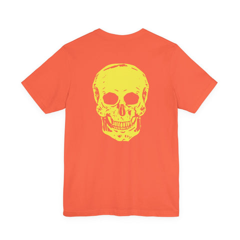 Orange underground style t-shirt with large yellow skull graphic on the back