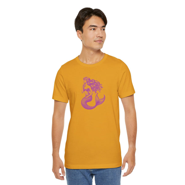 Mustard yellow unisex t-shirt with magenta mermaid siren graphic on front, short sleeves, crew neck.