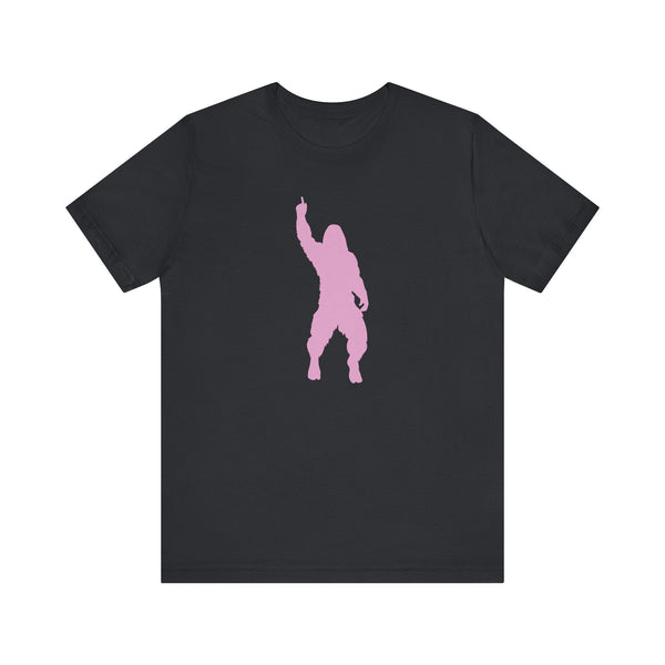 Black unisex Bigfoot t shirt with cheeky pink Sasquatch graphic design
