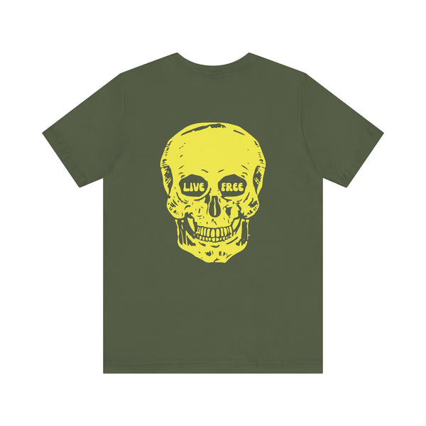 Indie style olive green tee with jumbo yellow skull and "LIVE FREE" lettering back print