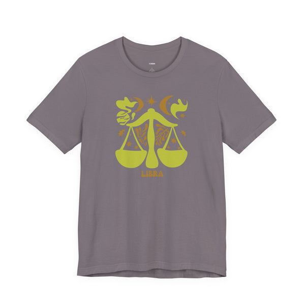 Gray unisex t shirt with yellow Libra zodiac balance scales graphic and celestial design