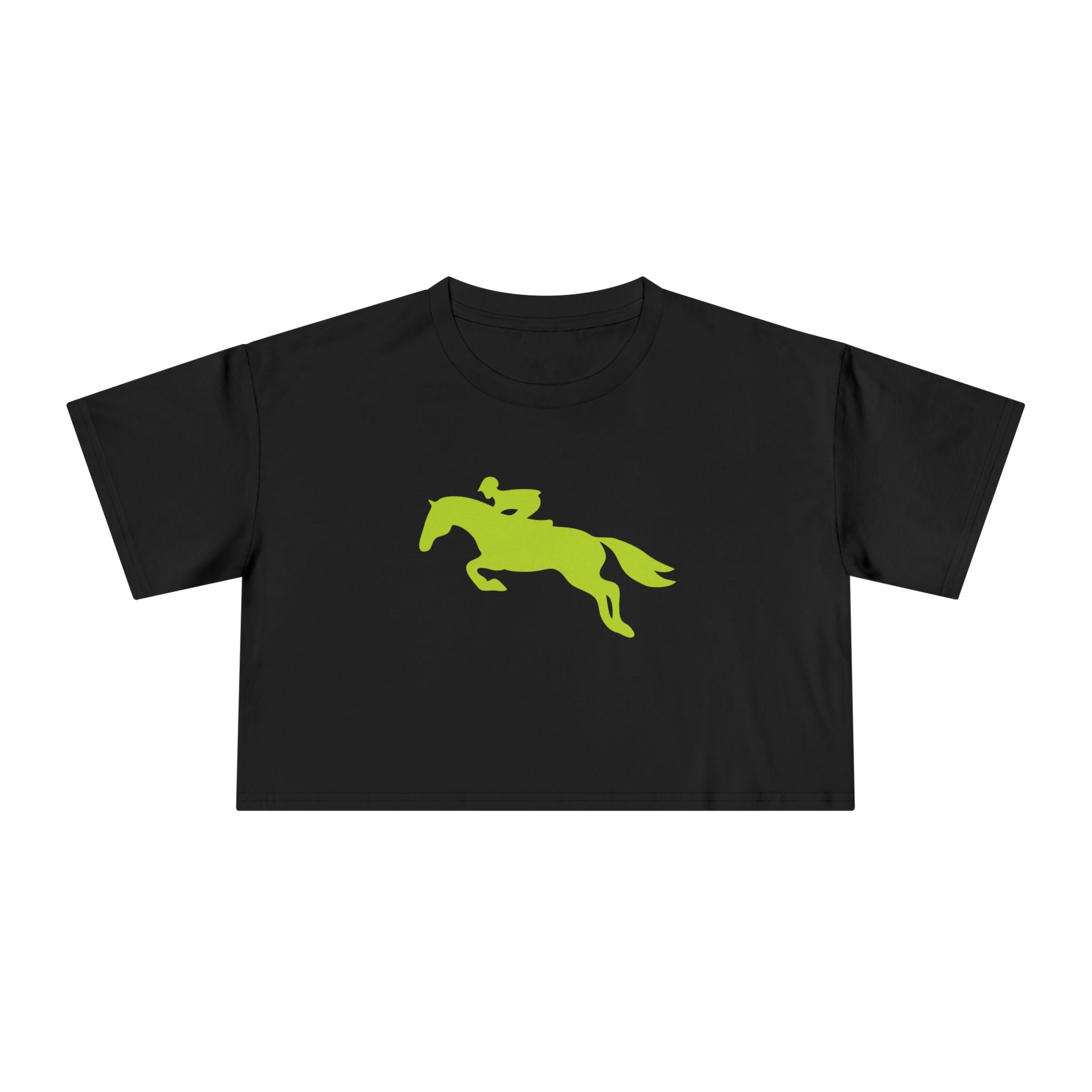 Black cropped t-shirt with bright green hunter jumper horse and rider graphic, made of soft breathable cotton for equestrian style and comfort.