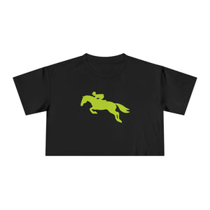 Black cropped t-shirt with bright green hunter jumper horse and rider graphic, made of soft breathable cotton for equestrian style and comfort.